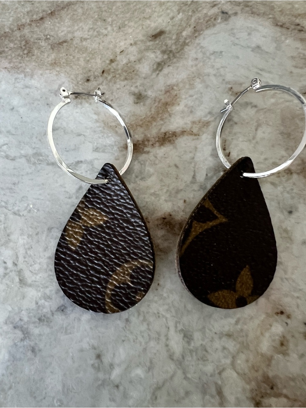 Boutique Silver Hoop Earrings with Dark Brown Teardrop Leather Pendants